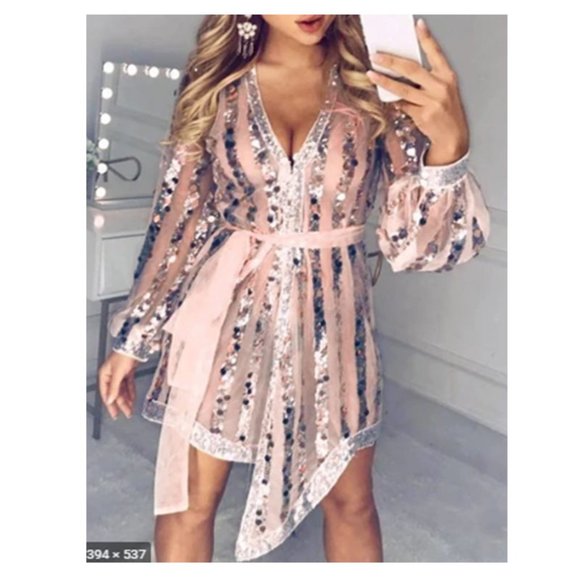 Sheniss Dresses & Skirts - NWT Sheniss Apricot Wrap Sequin V-Neck Dress